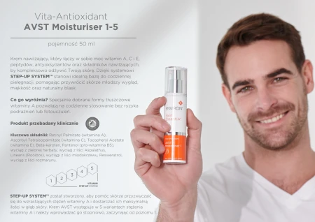 Man holding AVST 4 moisturiser beside a grey panel with product benefits and ingredients.