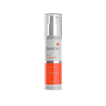 Environ Skin EssentiA AVST Moisturiser 3 white pump bottle with clear cap and orange label.