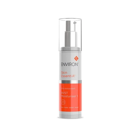 Environ Skin EssentiA AVST Moisturiser 1 white pump bottle with clear cap and orange label.