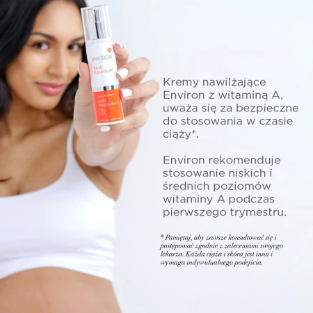 Pregnant woman holding AVST 1 moisturiser beside a grey panel about use during pregnancy.