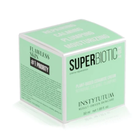 Green INSTYTUTUM SuperBiotic Regenerating Cream carton with minimalist front text about the plant ceramide formula.