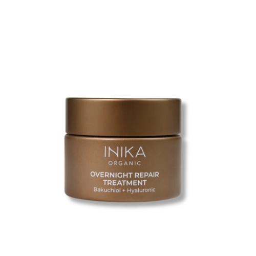 INIKA Organic Overnight Repair Treatment in an elegant matte golden-brown jar.