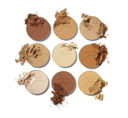 Nine Jane Iredale PurePressed Base mineral foundation refills arranged in a square shade grid.
