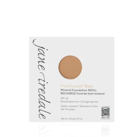 Jane Iredale PurePressed Base refill carton with round opening showing the pressed mineral powder.