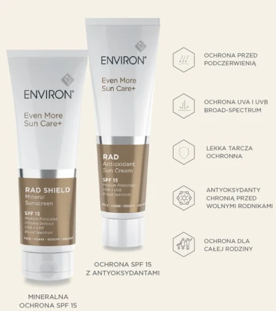 Two Environ Even More Sun Care creams displayed on a gold background with benefit text.
