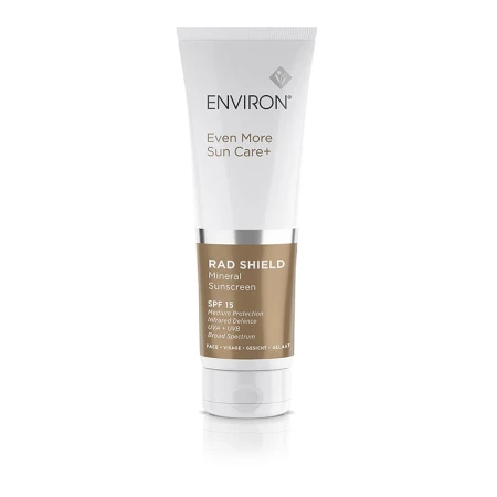 ENVIRON RAD Shield Mineral Sunscreen tube with brown-and-white label for sun protection.