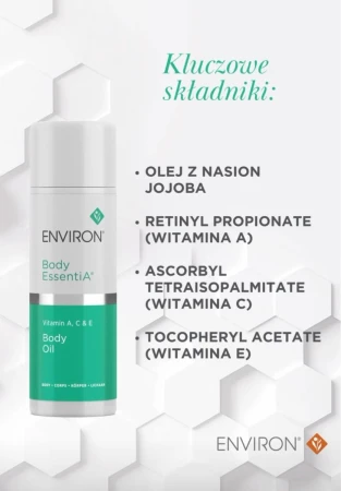 Infographic describing the active ingredients that make ENVIRON Vitamin ACE Body Oil effective.