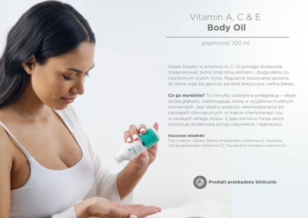 Woman holding ENVIRON Vitamin ACE Body Oil beside a grey panel describing the oil benefits.