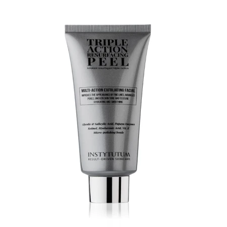 Silver INSTYTUTUM Triple Action Resurfacing Peel tube with black lettering and exfoliating AHA BHA enzyme formula.