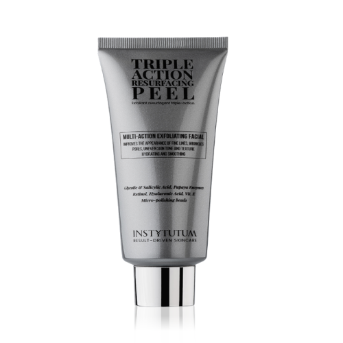 Silver INSTYTUTUM Triple Action Resurfacing Peel tube with black lettering and exfoliating AHA BHA enzyme formula.