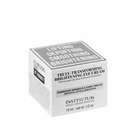 INSTYTUTUM Truly-Transforming Brightening Eye Cream carton with minimalist white, grey and black design.