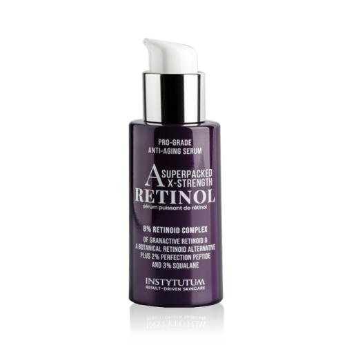 Purple INSTYTUTUM Superpacked X-Strength Retinol serum bottle with white pump and silver cap.