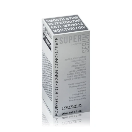 Silver INSTYTUTUM Super Serum 30 ml carton with modern minimalist anti-aging benefit text.