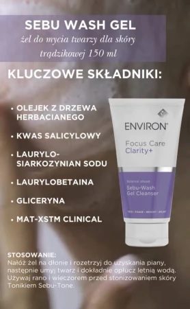 ENVIRON Sebu-Wash Gel tube on a dark background beside text about use and active ingredients.