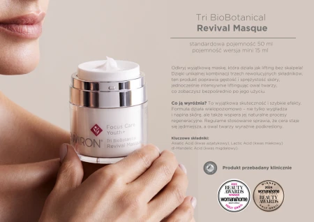 Woman holding Revival Masque beside lifting message, product description and beauty award logos.