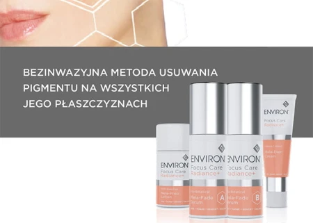 Environ Focus Care Radiance product line on a light background with benefit text on the left.