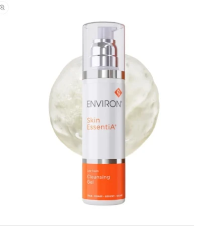 ENVIRON Cleansing Gel white pump bottle with orange-and-white label beside a clear gel texture sample.
