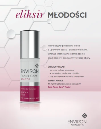 ENVIRON Avance Elixir bottle beside a youth elixir graphic with science-inspired hexagon motif.