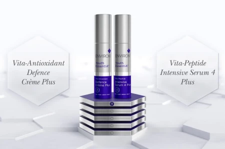 Two Environ Youth EssentiA products on a podium highlighting their synergistic pairing.