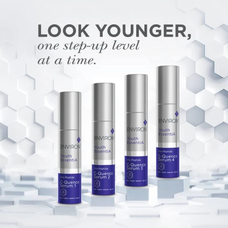 Four Youth EssentiA C-Quence Serum steps from 1 to 4 on a science-inspired hexagon background.