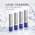 Four Youth EssentiA C-Quence Serum steps from 1 to 4 on a science-inspired hexagon background.