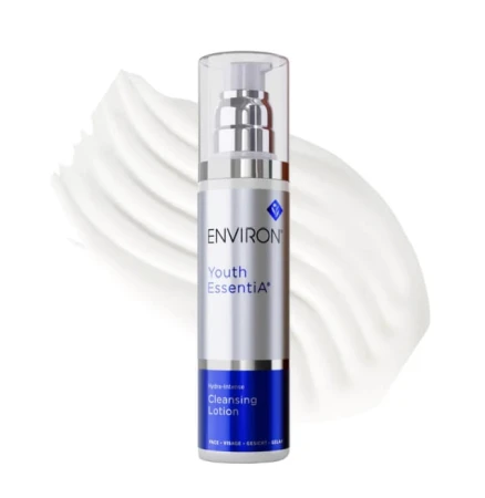 ENVIRON Cleansing Lotion bottle beside a white creamy texture swatch.