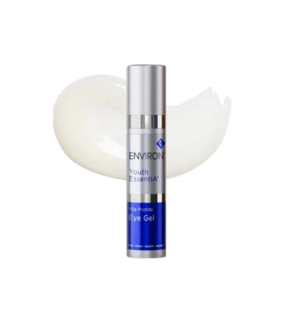 ENVIRON Vita-Peptide Eye Gel bottle beside a white gel texture swatch.