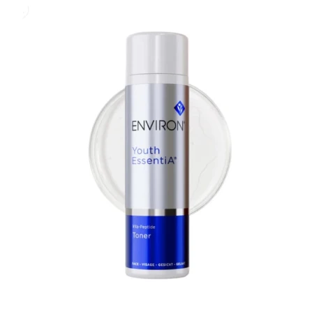ENVIRON Vita-Peptide Toner bottle beside a clear liquid texture sample.