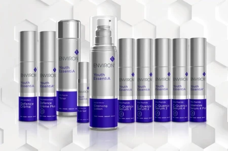 Full Environ Youth EssentiA product line on a grey hexagon-pattern background.
