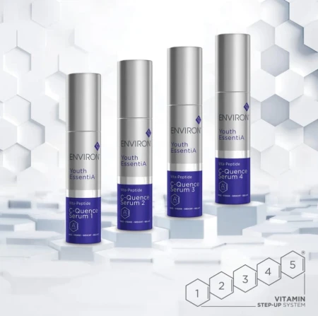 Four Youth EssentiA C-Quence Serum steps from 1 to 4 on a science-inspired hexagon background.