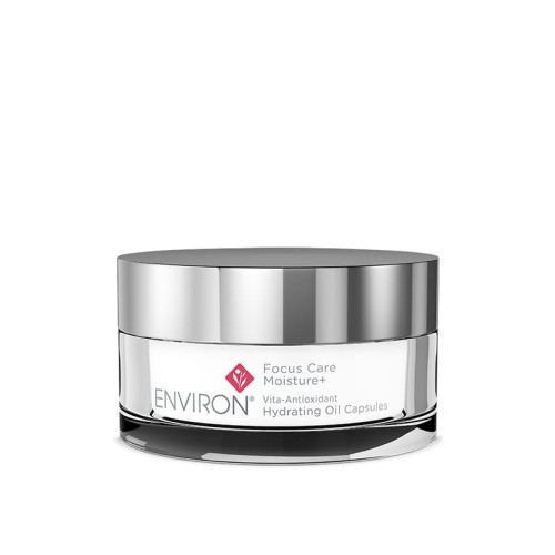 Elegant white ENVIRON Hydrating Oil Capsules jar with silver lid and pink Environ logo.