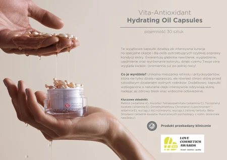 Hands holding an open jar of pearly teardrop oil capsules with product description text on the side.
