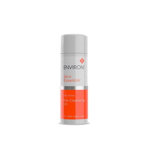 ENVIRON Skin EssentiA Dual Action Pre-Cleansing Oil white pump bottle for makeup removal and facial cleansing.