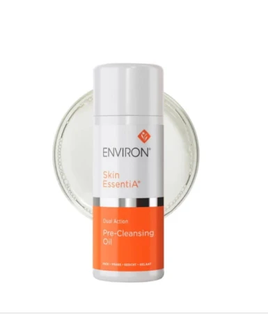 ENVIRON Pre-Cleansing Oil white pump bottle shown beside a clear oil texture sample.