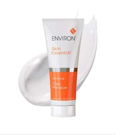 ENVIRON Clay Masque tube shown beside a white mask texture sample.