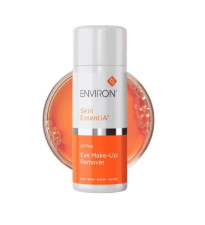 ENVIRON Eye Make-up Remover white pump bottle beside an orange liquid sample.