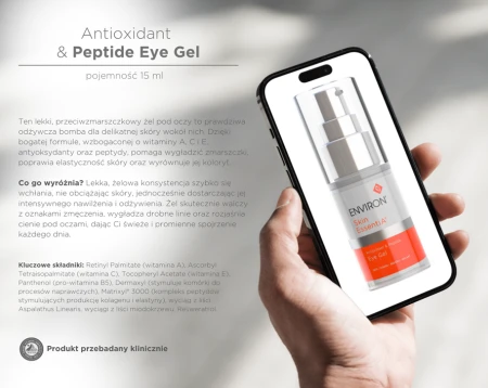 ENVIRON Antioxidant & Peptide Eye Gel shown on a phone held in a hand beside a benefits panel.