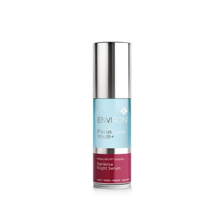 ENVIRON Serience Night Serum bottle with silver cap and visible blue gel serum inside.