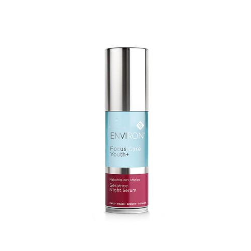 ENVIRON Serience Night Serum bottle with silver cap and visible blue gel serum inside.