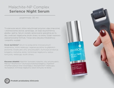 ENVIRON Serience Night Serum and Roll-CIT shown beside a product description and ingredient panel.