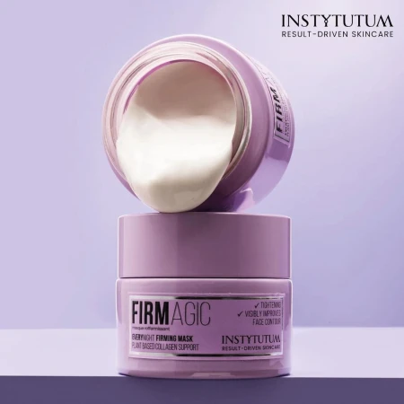 INSTYTUTUM Firmagic mask in a purple jar with creamy texture on a pastel violet background.