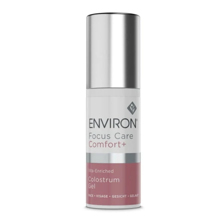 ENVIRON Focus Care Comfort+ Colostrum Gel white pump bottle with silver cap and pink-and-white label.