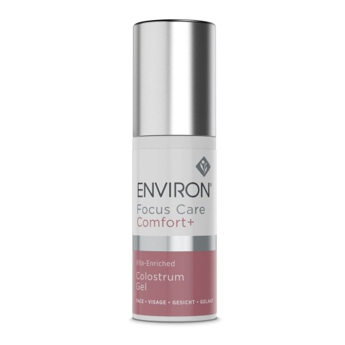 ENVIRON Focus Care Comfort+ Colostrum Gel white pump bottle with silver cap and pink-and-white label.