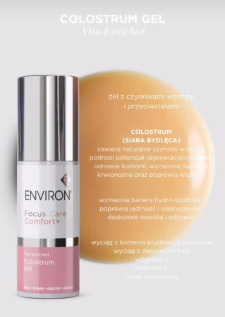 ENVIRON Colostrum Gel bottle beside an orange gel texture sample and active ingredient notes.