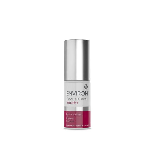 White ENVIRON Frown Serum bottle with silver cap and white-burgundy label.