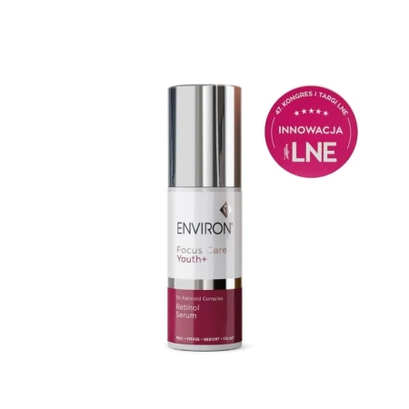 White ENVIRON Tri-Retinoid Complex Retinol Serum bottle with silver cap and burgundy-white label.
