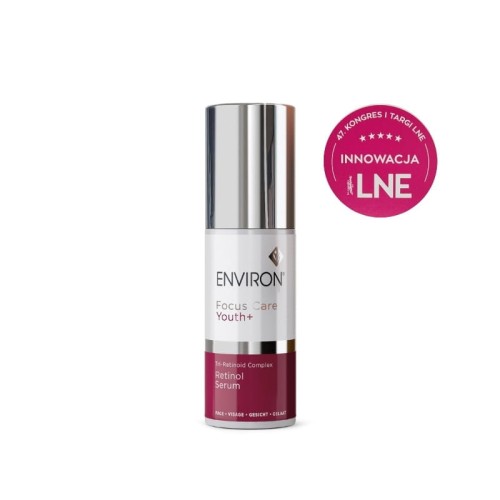 White ENVIRON Tri-Retinoid Complex Retinol Serum bottle with silver cap and burgundy-white label.