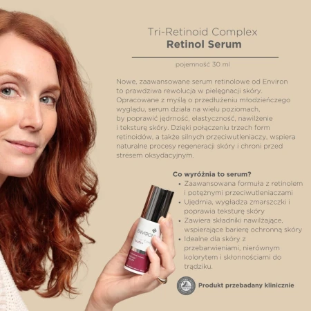Model holding the retinol serum bottle beside a panel describing product features and clinical study information.