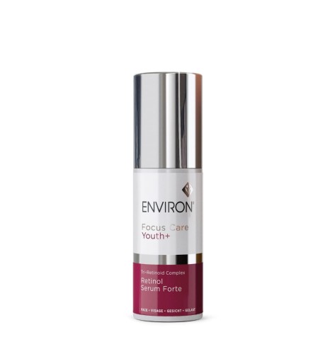 White ENVIRON Tri-Retinoid Complex Retinol Serum Forte bottle with silver cap and burgundy-white label.