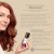 Model holding the serum bottle beside a panel describing product features and clinical study information.